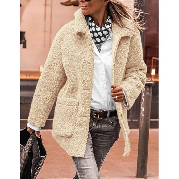 Women’s Beige Faux Fur Coat Long Sleeve Lapel Button Down Fleece Sherpa Jacket - Picture 7 of 8
